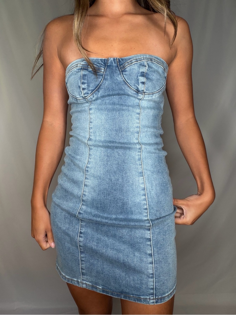 Edikted Strapless Light Wash Denim Mini Dress